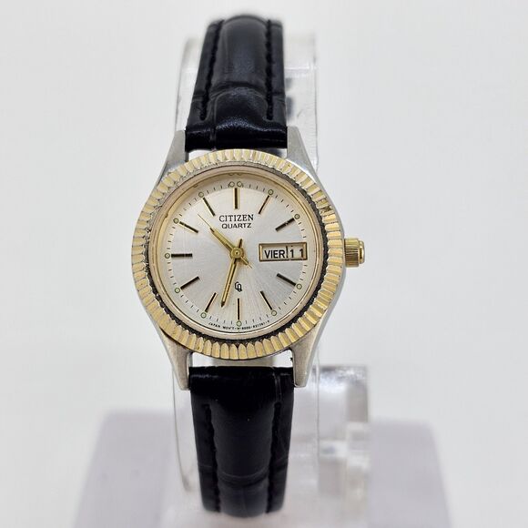 Citizen Women's Watch 25MM Gray Dial DayDate Black Leather Bands New Battery - Picture 1 of 13